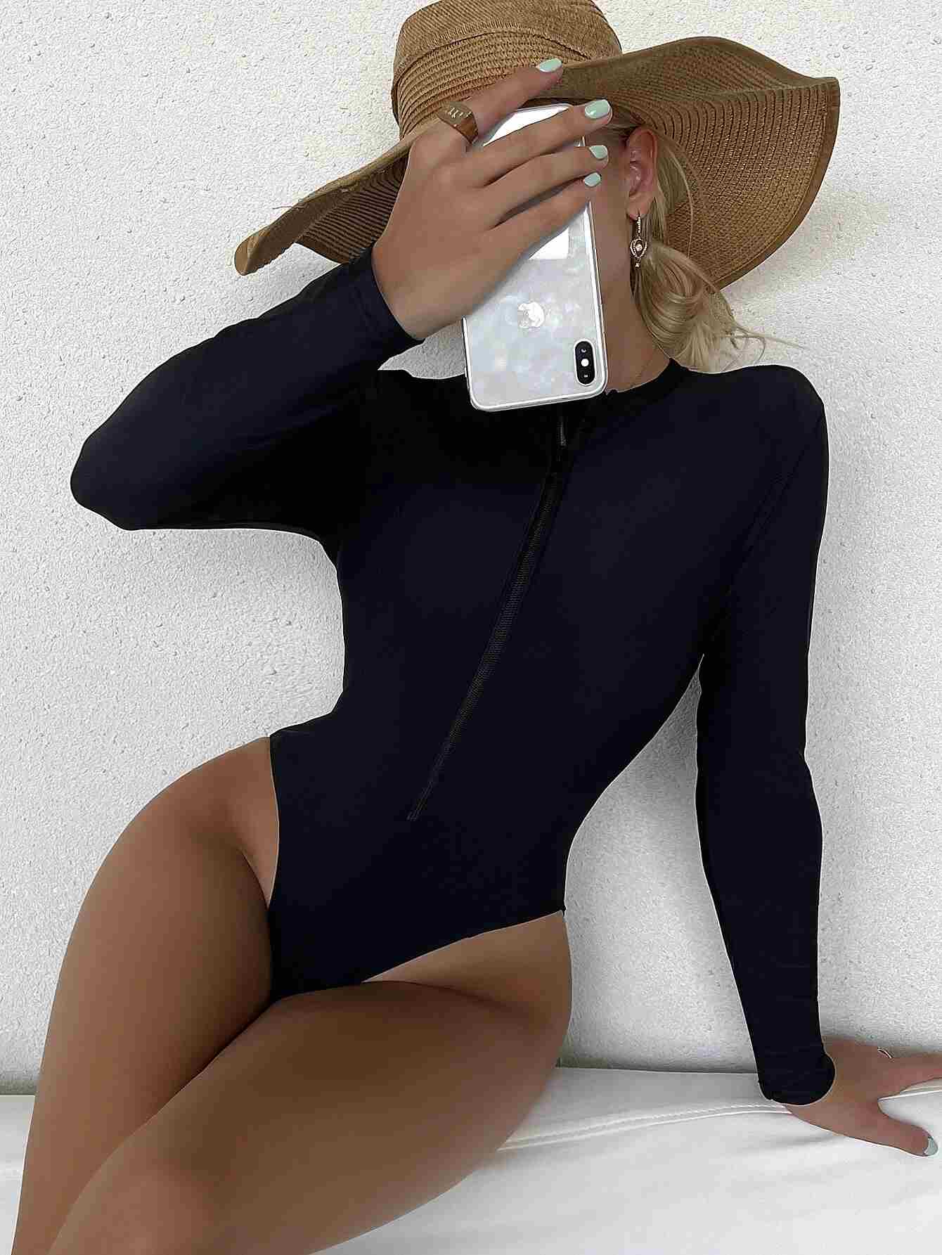 Traje de baño de una pieza con cremallera frontal y pernera alta (sw2106302121853227)