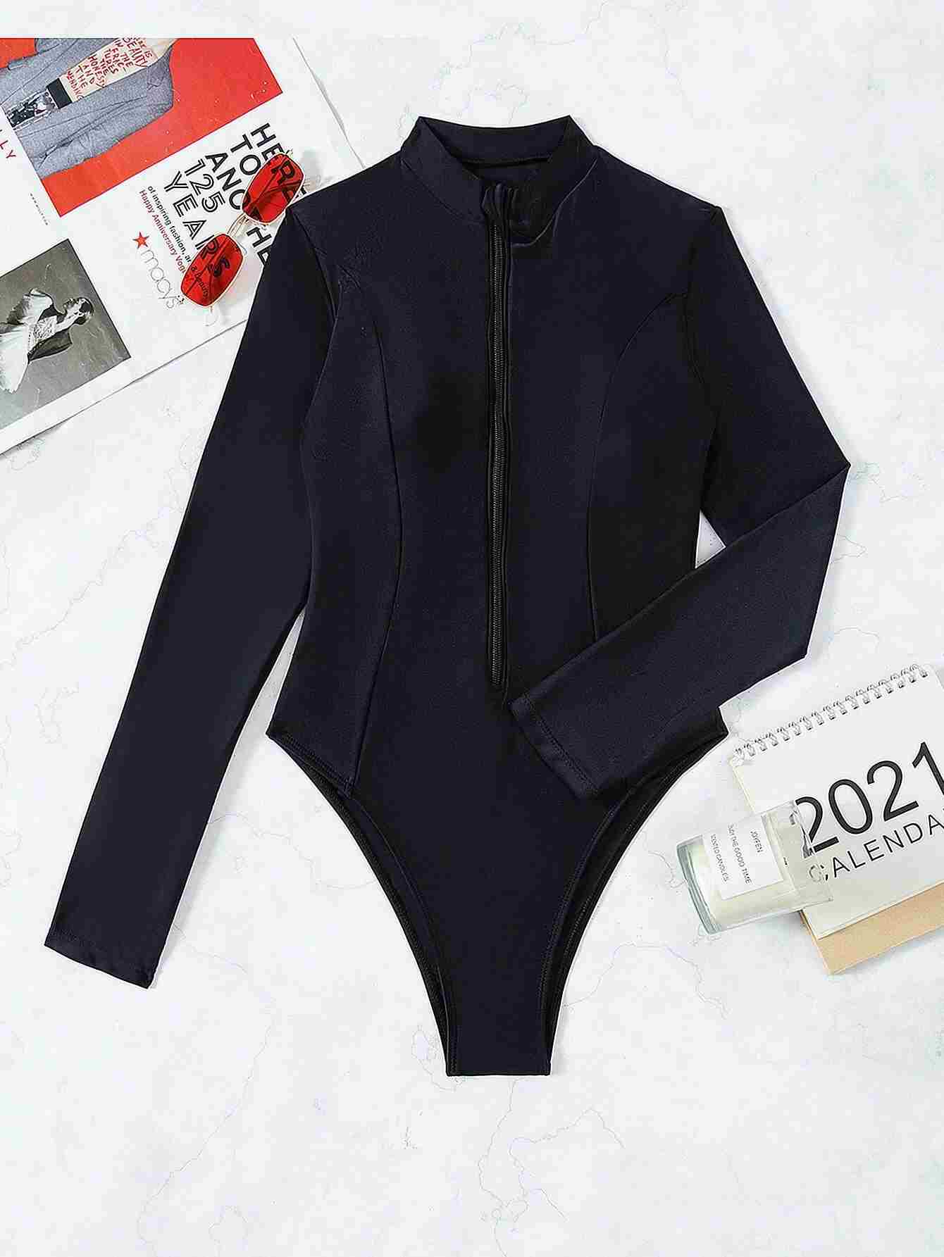 Traje de baño de una pieza con cremallera frontal y pernera alta (sw2106302121853227) - Imagen 6