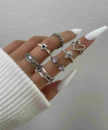 Anillos con corazón con diseño de cráneo - 7 Piezas (sj2206111191549599)