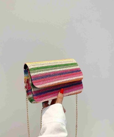Bolso de paja con detalle gráfico de perlas de imitación a rayas (rg2205171264524552)