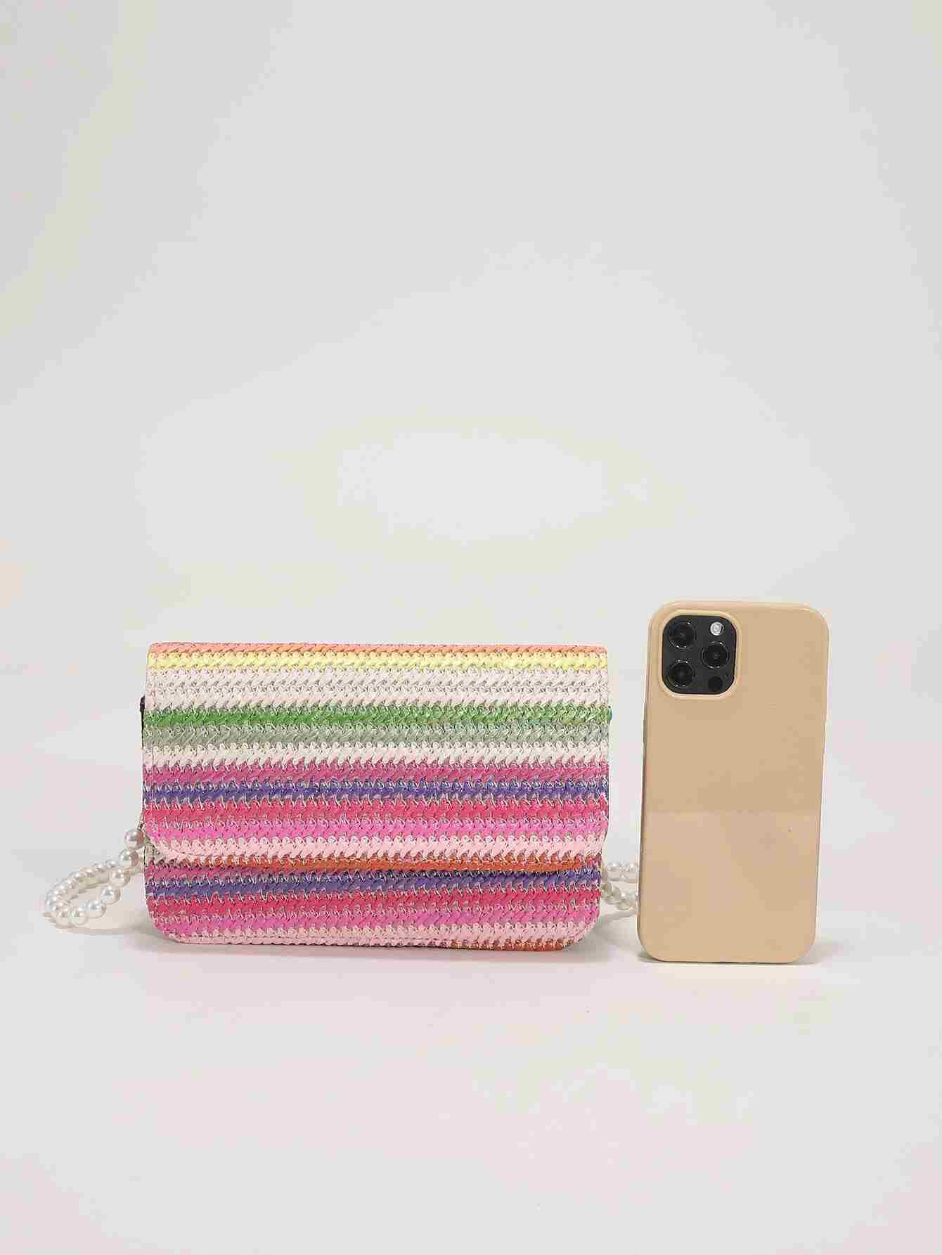 Bolso de paja con detalle gráfico de perlas de imitación a rayas (rg2205171264524552) - Imagen 3