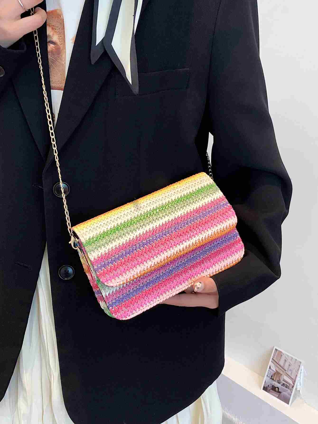 Bolso de paja con detalle gráfico de perlas de imitación a rayas (rg2205171264524552) - Imagen 5