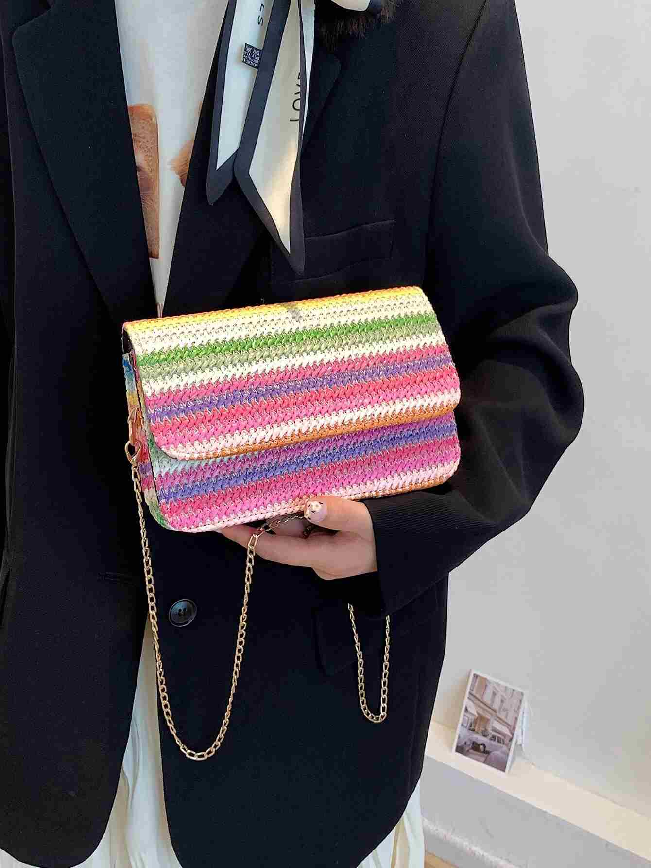 Bolso de paja con detalle gráfico de perlas de imitación a rayas (rg2205171264524552) - Imagen 6