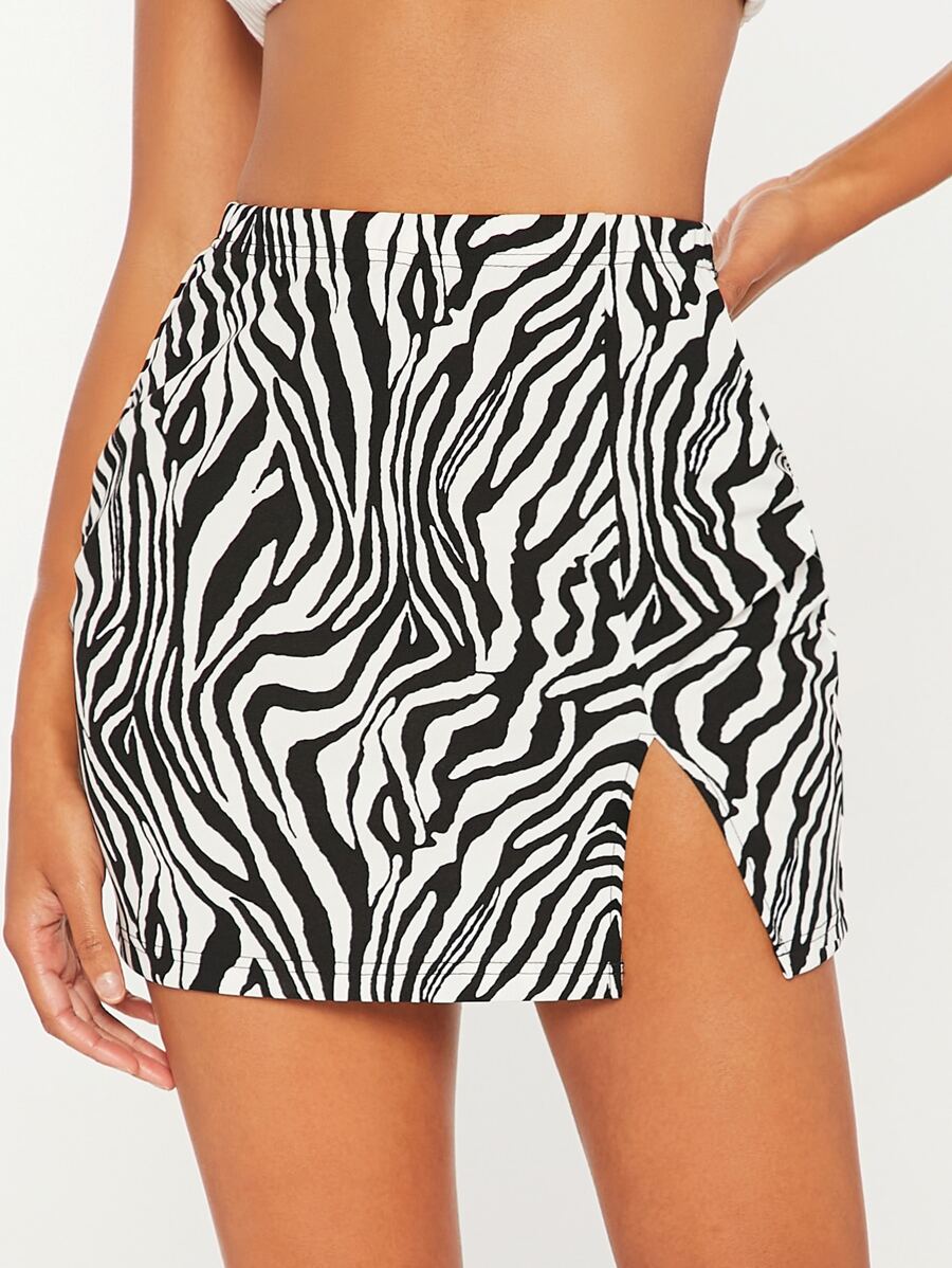 Falda de rayas de cebra bajo con abertura (swskirt07200420287)