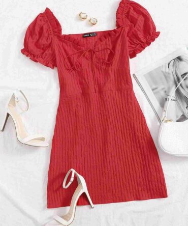 Vestido arrugado con ribete de volantes y lazo en la parte delantera (swdress04200717735)