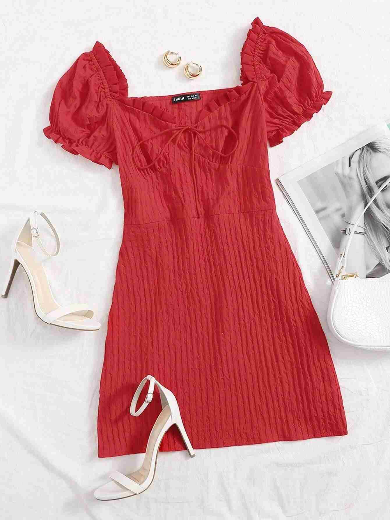 Vestido arrugado con ribete de volantes y lazo en la parte delantera (swdress04200717735)