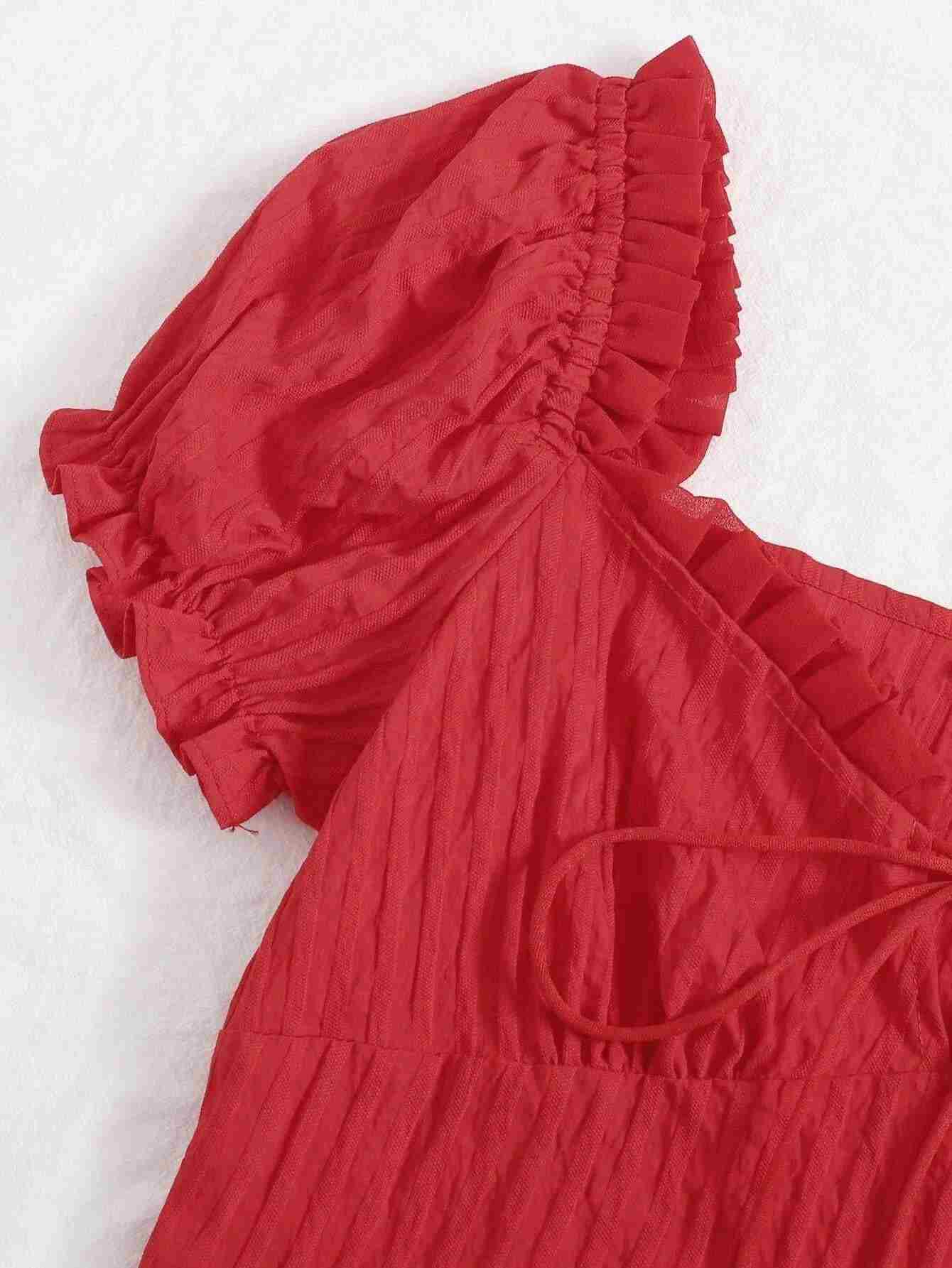 Vestido arrugado con ribete de volantes y lazo en la parte delantera (swdress04200717735) - Imagen 3