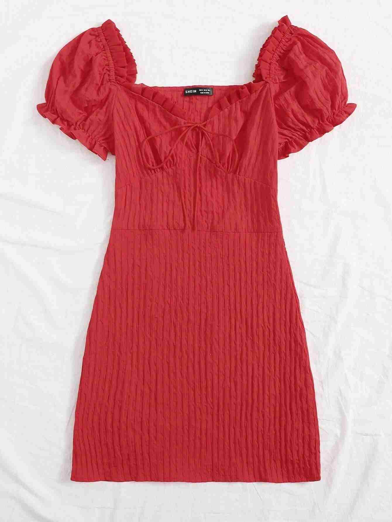 Vestido arrugado con ribete de volantes y lazo en la parte delantera (swdress04200717735) - Imagen 4