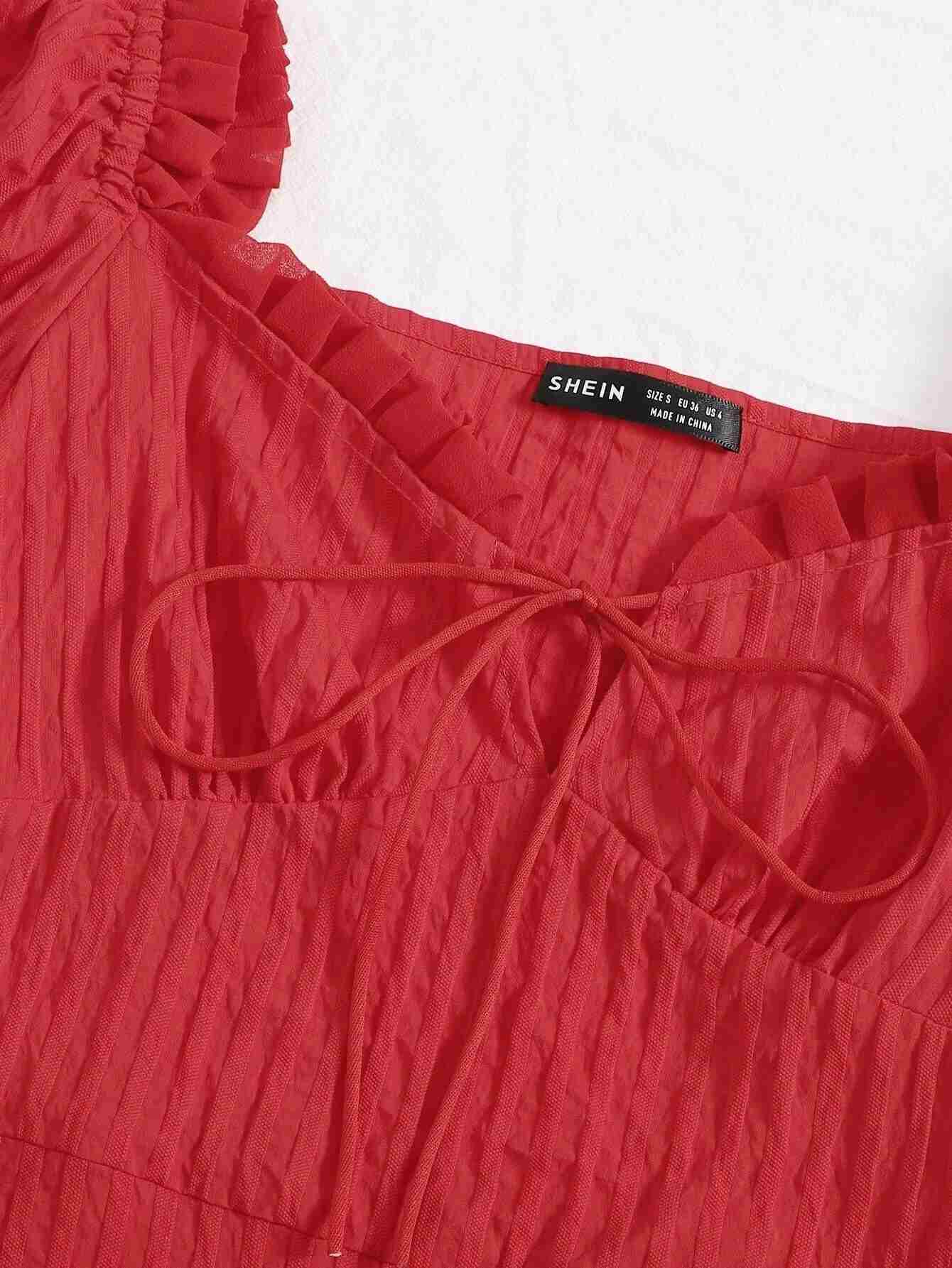 Vestido arrugado con ribete de volantes y lazo en la parte delantera (swdress04200717735) - Imagen 5