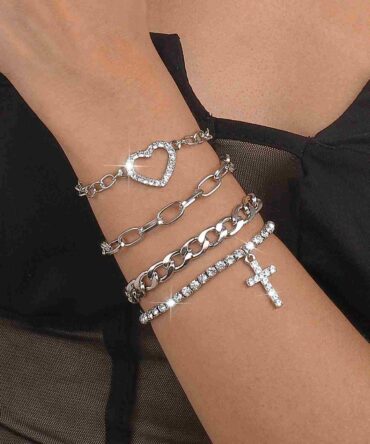 Pulsera con diamante de imitación con adorno de corazón - 4 Piezas (sj2210155322667627)