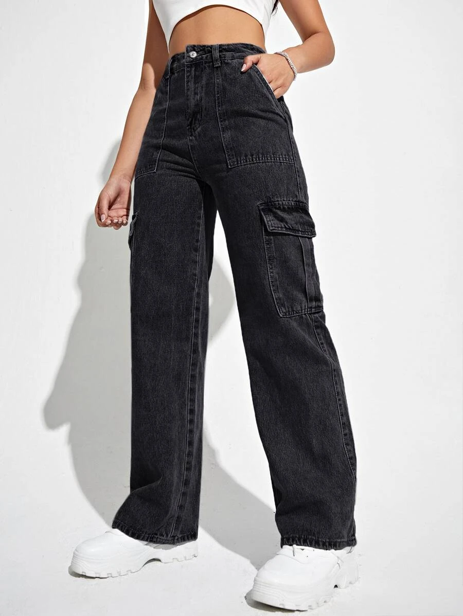 Jeans cargo de talle alto con bolsillo con solapa (sw2209285118807836)