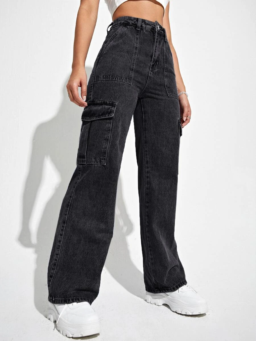 Jeans cargo de talle alto con bolsillo con solapa (sw2209285118807836) - Imagen 2