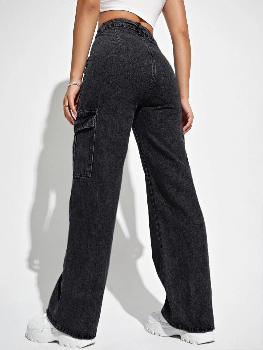 Jeans cargo de talle alto con bolsillo con solapa (sw2209285118807836) - Imagen 3