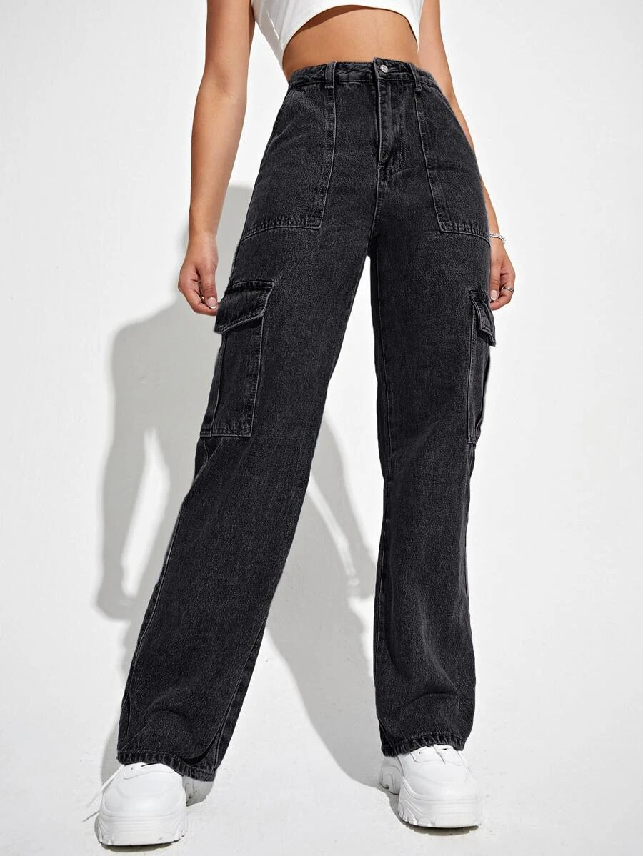 Jeans cargo de talle alto con bolsillo con solapa (sw2209285118807836) - Imagen 4