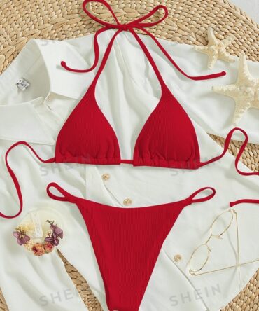 Traje de baño acanalado halter de cordón (sw2212062272433588)