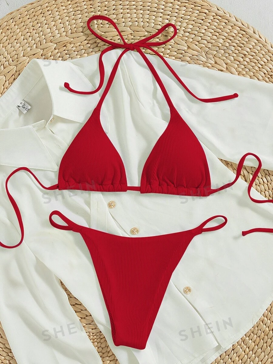 Traje de baño acanalado halter de cordón (sw2212062272433588) - Imagen 5