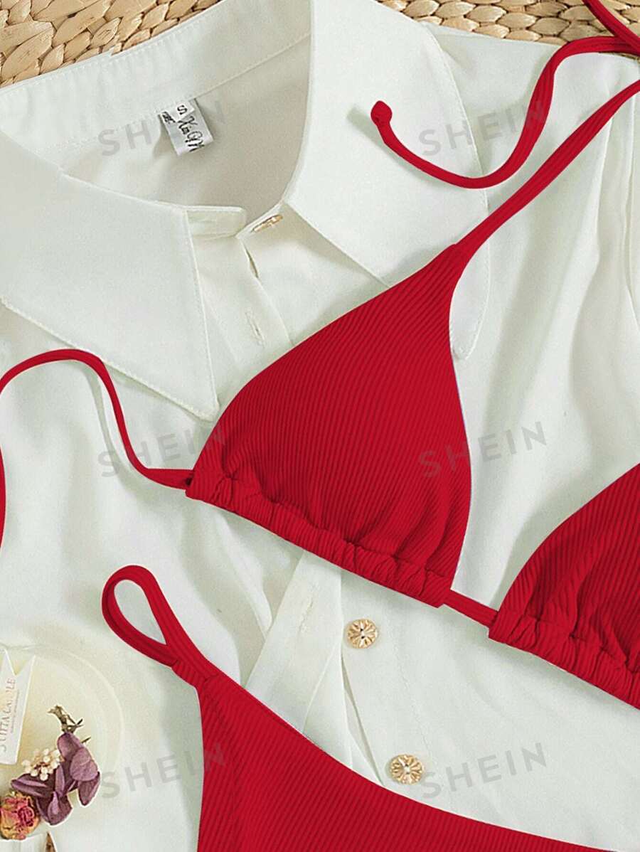 Traje de baño acanalado halter de cordón (sw2212062272433588) - Imagen 3