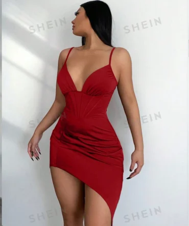 Vestido con pliegues bajo asimétricos borgoña (sz2308118777576763)