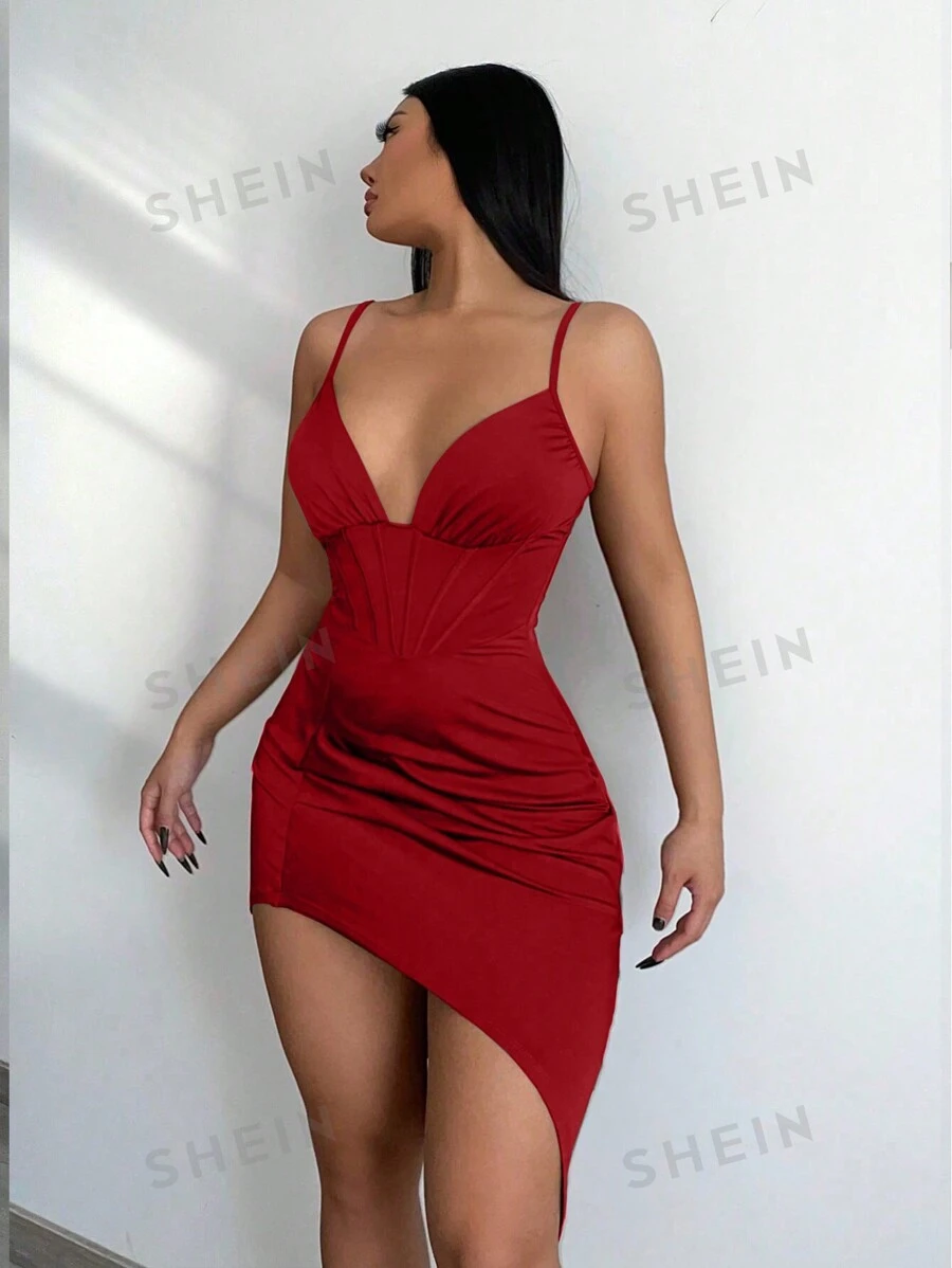 Vestido con pliegues bajo asimétricos borgoña (sz2308118777576763)