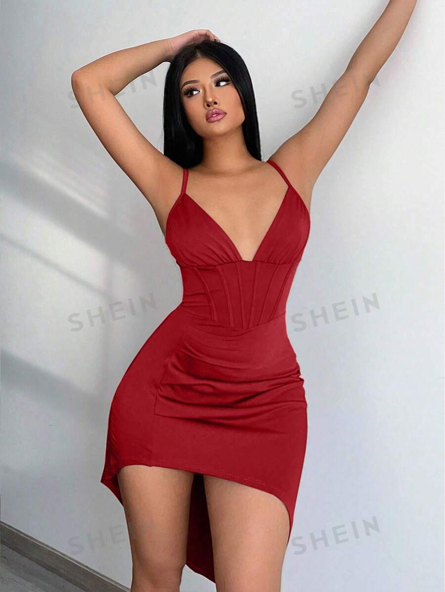 Vestido con pliegues bajo asimétricos borgoña (sz2308118777576763) - Imagen 4