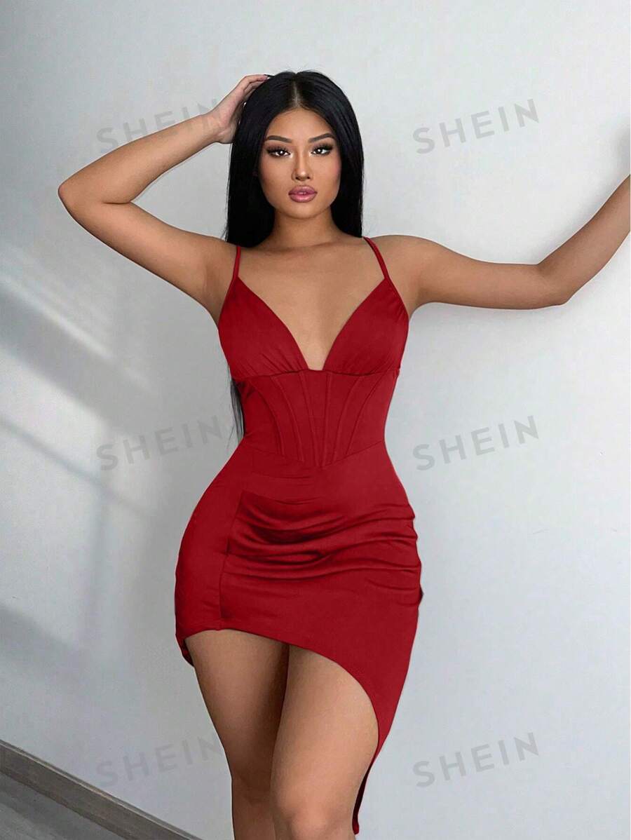 Vestido con pliegues bajo asimétricos borgoña (sz2308118777576763) - Imagen 5