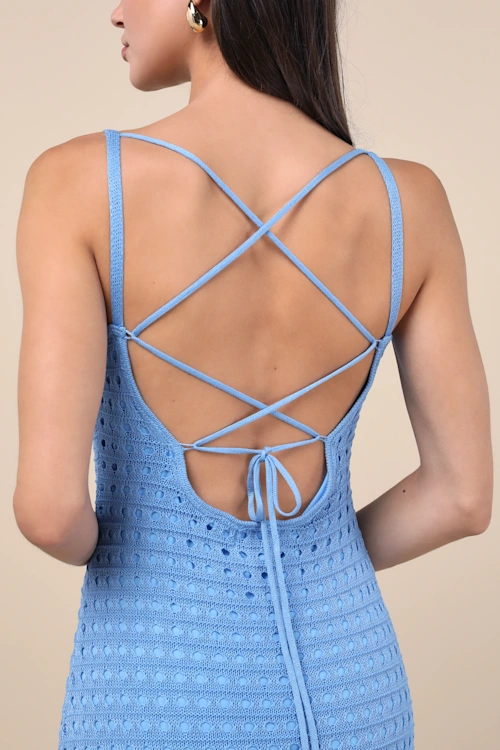 Cover up midi azul de ganchillo con cordones (LULUS5555560) - Imagen 3