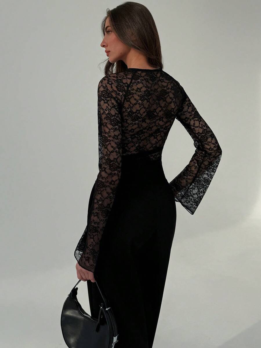 Top de encaje con mangas en color negro (sz2409193334151185) - Imagen 2