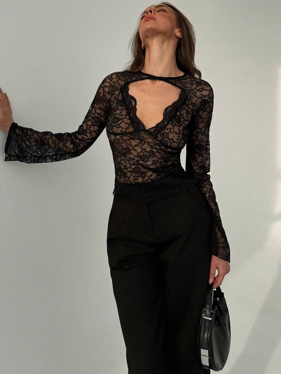 Top de encaje con mangas en color negro (sz2409193334151185) - Imagen 4