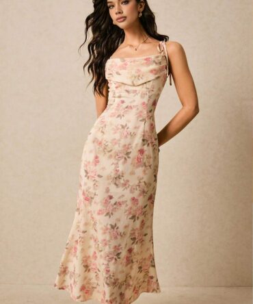 Vestido de tirantes con cuello caído y estampado floral (sz25022110297474702)