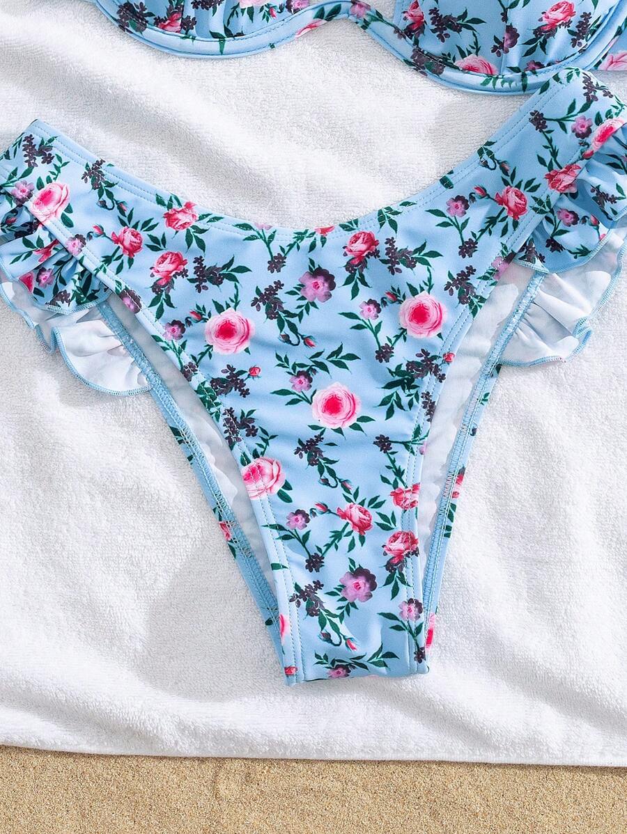 Set de bikini azul pastel con estampado floral (sz25033117448677887) - Imagen 4