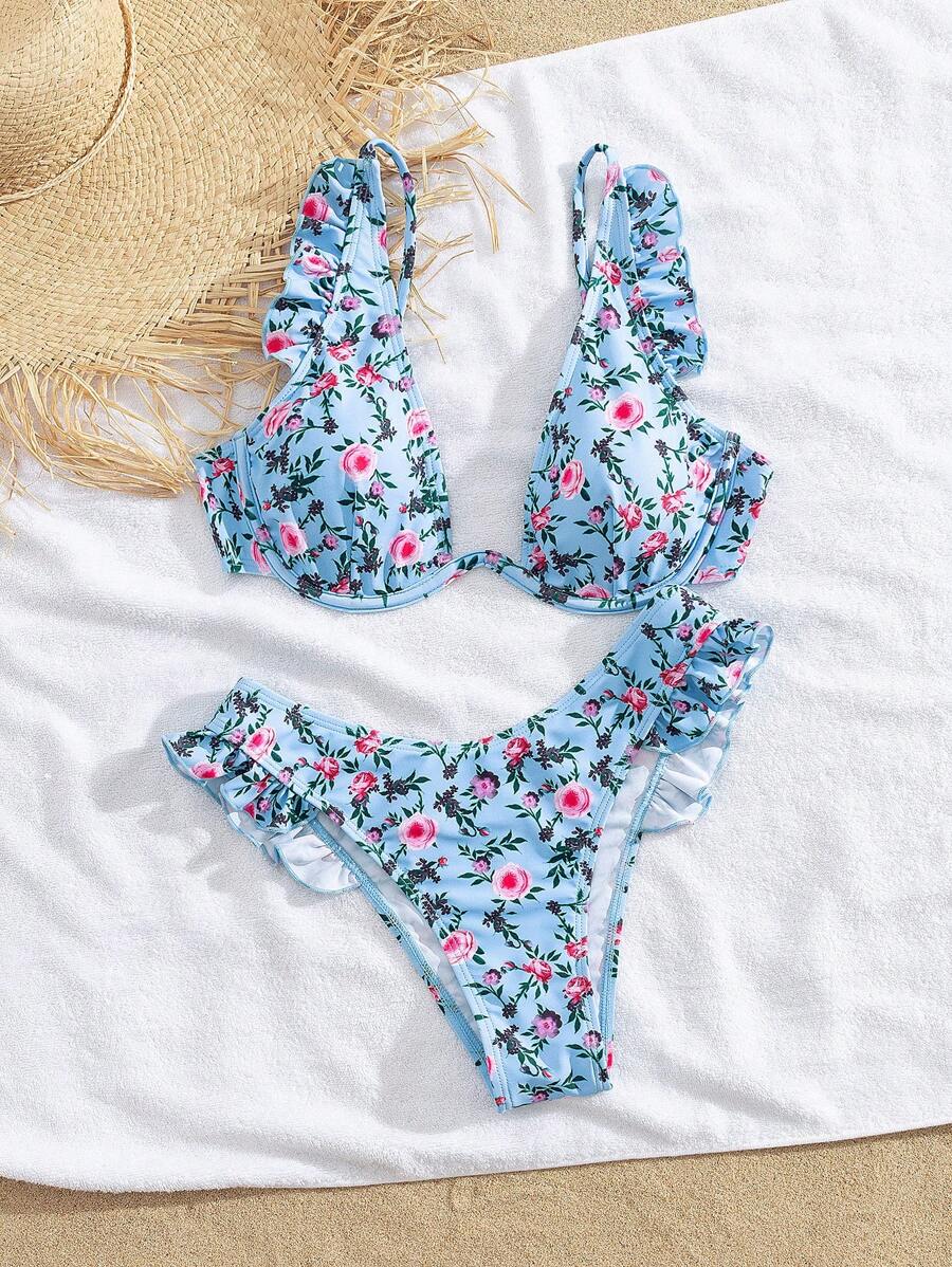 Set de bikini azul pastel con estampado floral (sz25033117448677887)