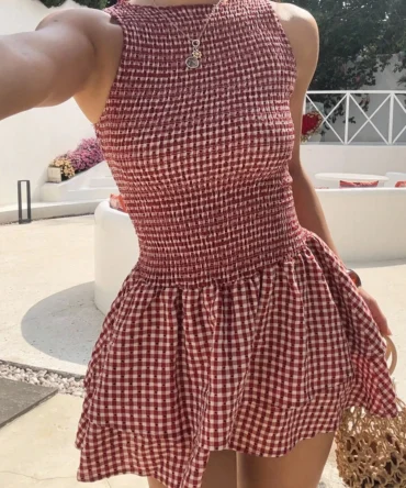 Mini vestido de cuadros rojos y blancos (sz25060636151266568)