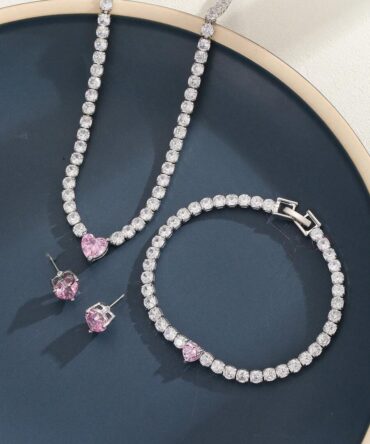 Set de collar zarcillos y pulsera con corazón rosa (sj2304029070476677)