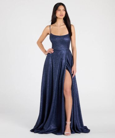 Vestido formal con abertura, cordones, corte en A con brillo en color azul (wndsr9594)