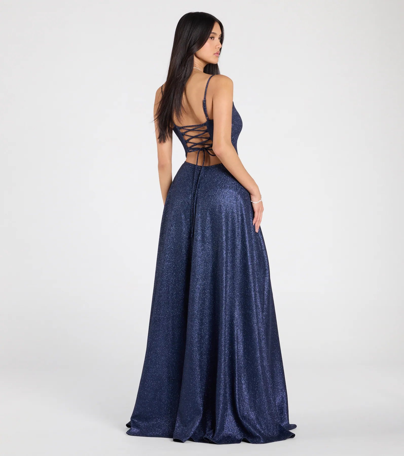 Vestido formal con abertura, cordones, corte en A con brillo en color azul (wndsr9594) - Imagen 2