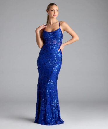 Vestido formal de lentejuelas estilo sirena con espalda descubierta en color azul (wndsr9595)