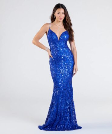 Vestido con escote en V y silueta de sirena en color azul (wndsr9608)