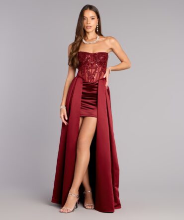 Vestido con falda de satín en forma de A con corset bordado en color vino (wndsr9609)