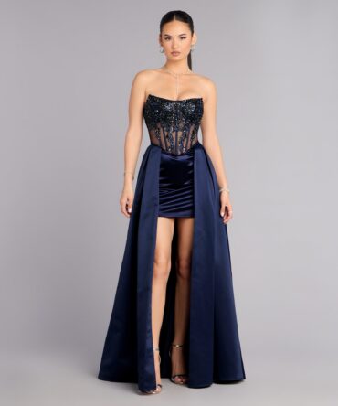 Vestido con falda de satín en forma de A con corset bordado en color azul (wndsr9610)