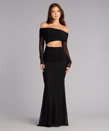 Vestido negro off-shoulders y cut-out en el area de la cintura (wndsr9614)