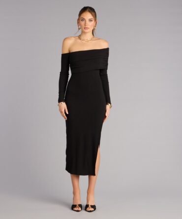 Vestido midi acanalado con corte off-shoulders en color negro (wndsr9615)