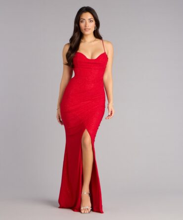 Vestido de sirena rojo con cuello bobo y silueta de sirena (wndsr9622)