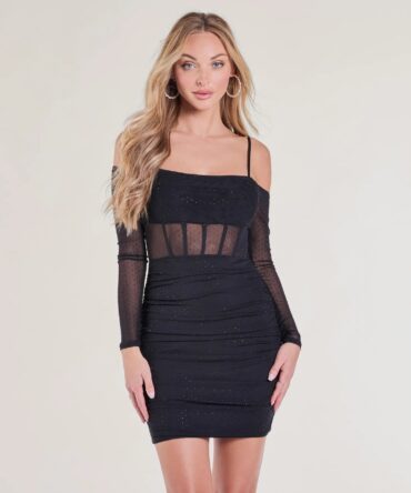 Vestido negro con mangas y malla brillante incorporada (wndsr9625)