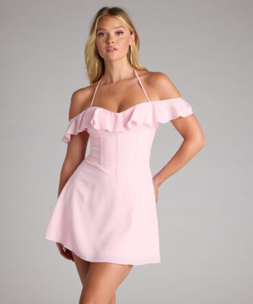 Vestido rosado con rufles y falda campana (wndsr9632)