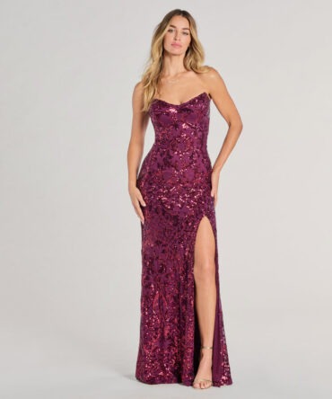 Vestido Borgoña strapless y detalles en lentejuelas (wndsr9640)