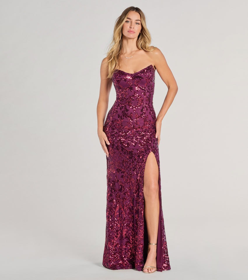 Vestido Borgoña strapless y detalles en lentejuelas (wndsr9640)
